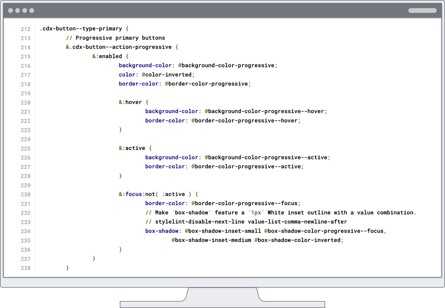 Design tokens when applied in code, here screenshot of primary button variant